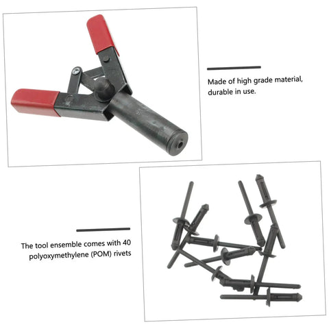 Check Out This Awesome Cabilock Mini Rivet Gun Set Manual Tool Kit For Serious DIYers Who Need A Durable Riveter Machine That Sets Rivnuts Perfectly In One Quick Stroke With Its Ergonomic Design. Manual black rivet gun with red handles and 40 POM rivets