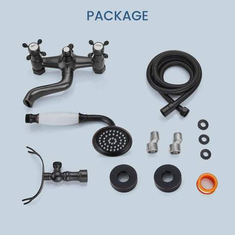 Package contents of Wall Mount Bathtub Faucet With Telephone Handheld Sprayer, Dual Hot And Cold Mixer, oil rubbed bronze.