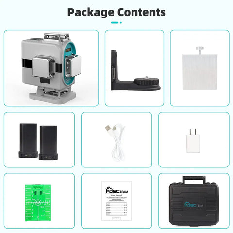 Self Leveling 4D Laser Level With 4X 360 Cross Lines Green Beam 197 Ft Range For Tiling And Ceiling Installations Includes 2 Li Ion Batteries Type C Charging IP54 360 Degree Magnetic Bracket package contents