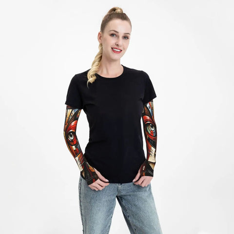 Snag These Fly Ice Silk Arm Sleeves With Cute Cat Graphics And Grippy Thumb Holes Offering Ultra Cool UV Shielding For Hot Days Of Running Cycling Or Driving on a woman against a white background.