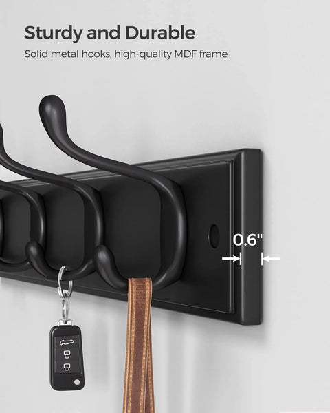 Black Finish Wall Mounted Coat Rack With Dual Metal Hooks Holds Coats Bags Keys In Entryway Bedroom Or Living Room 6.6 Lb Per Hook Load Capacity with car key and strap