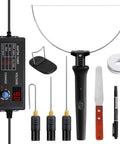 Foam cutter kit front view: electric cutting pen, adjustable voltage controller, curved wire head, needle tips, knife.