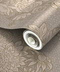 Top Shelf Vintage Peony Silver Metallic Wallpaper Featuring Smooth Fabric Texture And Eco Friendly Design close-up of roll with floral pattern