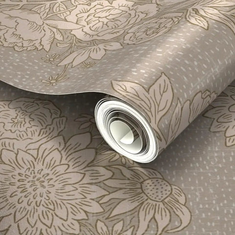 Top Shelf Vintage Peony Silver Metallic Wallpaper Featuring Smooth Fabric Texture And Eco Friendly Design close-up of roll with floral pattern