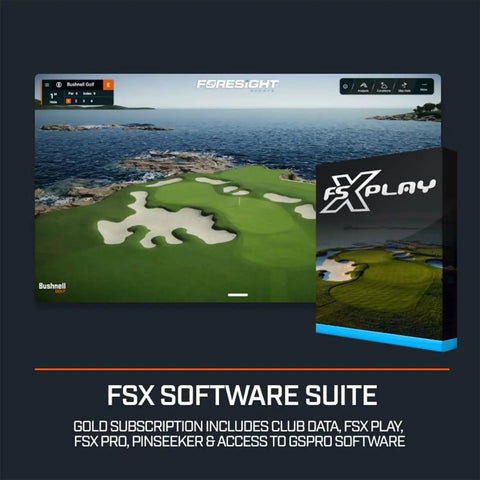 FSX software suite display for Launch Pro LPi Circle B Edition Indoor Golf Launch Monitor Bundle with included features.