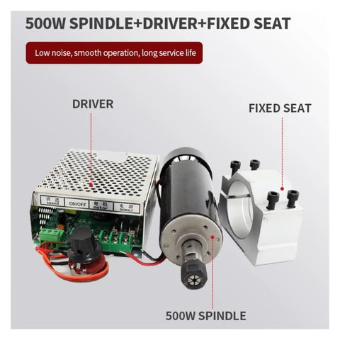 Beefy CNC Spindle Kit 0.3kW 0.5kW With Power Supply 52mm Clamps 300W 500W Spindle Motor Speed Governor For CNC Milling Air Cooled Or Water Cooled High Torque Low Vibration Stable Cutting showing 500W spindle, driver, and fixed seat.