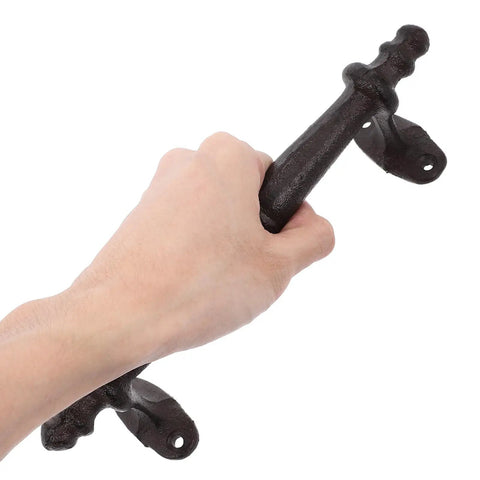 Hand holding Rustic Cast Iron Outdoor Gate Handle With Knob Pulls For Garden Fence And Cabinet Hardware, Vintage Style Door Pulls