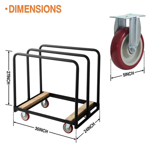 Beefy Heavy Duty Panel Cart With Wood Ends And Steel Frame, 1500 lb Capacity, 36 by 24 Inch Platform, 5 Inch Casters, dimensions view