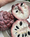 Red Sugar Apple Tree For Home Garden, Tropical Fruit Tree, 2 To 3 Ft Tall In A 3 Gallon Pot, No Fuss Grow Backyard Fruit Plant For Fresh Home Harvest With Easy Care, cut fruit on plate
