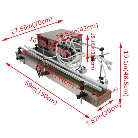 No Fuss High Performance Desktop Automatic Liquid Filling Machine With Pneumatic Conveyor And Four Head Magnetic Pump Adjustable 10 1000 ML Capacity dimensions 59in x 27.56in x 19.1in