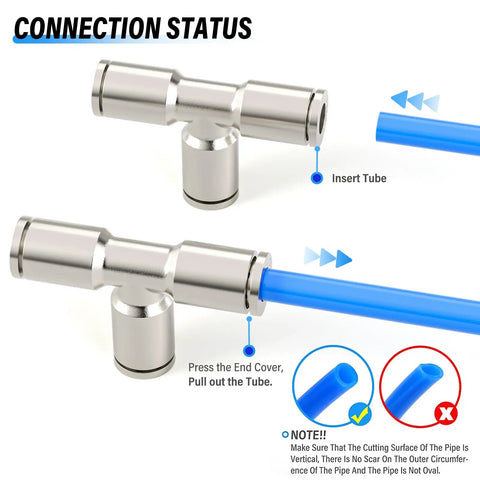 1/4 Inch Push To Connect Tee And Straight Union Fittings Copper Nickel Plated showing connection with blue tube