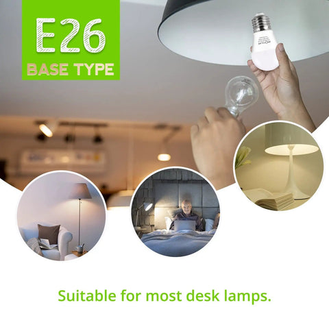 25 Watt Equivalent A15 LED Bulbs, 3W Low Watt, E26 Base, being installed in lamp for nightstand and table use, 4 Pack