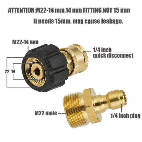 Two Pack M22 14mm Male To Quarter Inch Plug And M22 14mm Female To Quarter Inch Socket High Pressure Washer Adapter Brass Fitting Plug And Play Quick Connect Fits Most Pressure Washers Up To 5000 PSI diagram