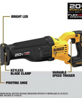 Heavy Duty Cordless Reciprocating Saw With Flexvolt Power And One Point One Two Inch Strokes For Fast Demolition Jobs Totally No Sweat Quick Blade Swaps Tool Only with keyless blade clamp and bright LED.