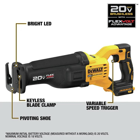 Heavy Duty Cordless Reciprocating Saw With Flexvolt Power And One Point One Two Inch Strokes For Fast Demolition Jobs Totally No Sweat Quick Blade Swaps Tool Only with keyless blade clamp and bright LED.