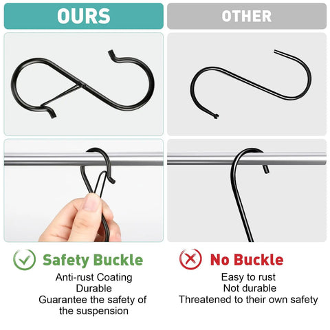 Comparison of Tough As Nails Heavy Duty S Hooks With Secure Locking Clips versus a standard hook, showcasing durability and safety features.