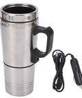 Road Trip Ready 12V Car Electric Kettle Heats Water Instantly with handle and power cord for vehicle use in stainless steel.