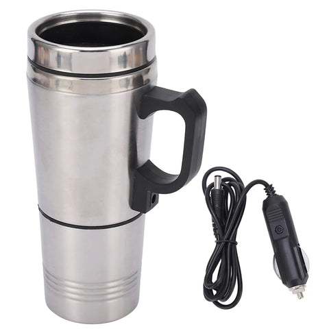 Road Trip Ready 12V Car Electric Kettle Heats Water Instantly with handle and power cord for vehicle use in stainless steel.