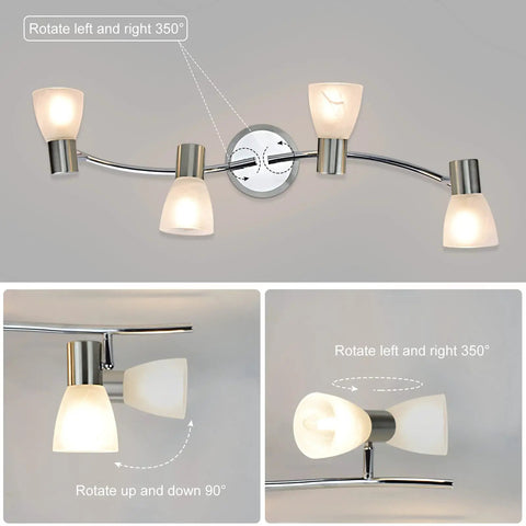 4-Light Foldable Track Lighting With Glass Shades, S Shaped Ceiling Fixture, adjustable arms, 360° rotation, nickel finish.
