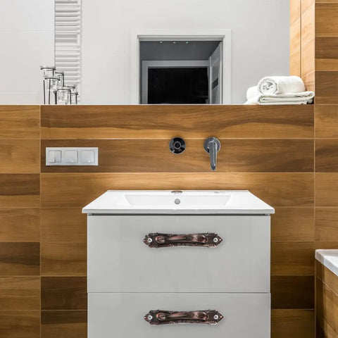 Bathroom with sink cabinet featuring Vintage Zinc Alloy Door and Wardrobe Pull Handles Set in Coffee Brown Ergonomic Safe and Classy Cabinet Hardware for Renewing and Replacing Broken Knobs on Old Doors and Dressers