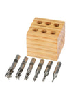 HHIP 6-piece end mill set, 4-flute HSS, 3/8 in shank, shown with wooden storage block