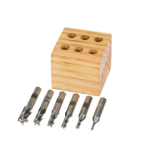 HHIP 6-piece end mill set, 4-flute HSS, 3/8 in shank, shown with wooden storage block