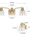 Gold Vanity Light Fixture Set With Clear Glass Shades, Modern 3 Light Over Mirror Bath Lighting, 22 Inch showing dimensions