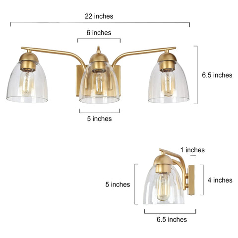 Gold Vanity Light Fixture Set With Clear Glass Shades, Modern 3 Light Over Mirror Bath Lighting, 22 Inch showing dimensions