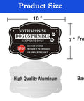 2 Pack No Trespassing And Dog On Premises Yard Signs, 10 By 7 Inch Rock Solid Aluminum Warning Plates showing front and back design.