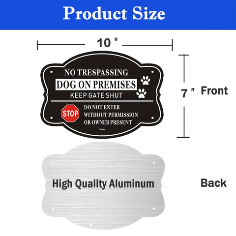 2 Pack No Trespassing And Dog On Premises Yard Signs, 10 By 7 Inch Rock Solid Aluminum Warning Plates showing front and back design.