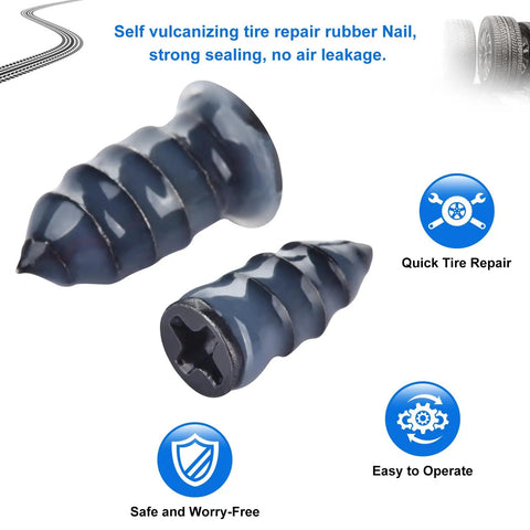 Close-up of two rubber tire plugs with spiral design from the Tire Plug Kit With Screwdriver For Quick Ten Second Puncture Repair On Tubeless Tires Fits Cars Motorcycles SUVs ATVs Trucks No Tire Removal Needed For Roadside Emergencies.