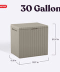 Beige 30 Gallon Resin Outdoor Storage Box And Patio Side Table For Pool And Garden Accessories, with dimensions and measurements.