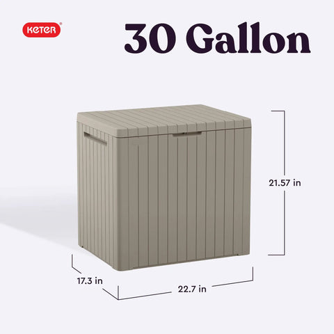 Beige 30 Gallon Resin Outdoor Storage Box And Patio Side Table For Pool And Garden Accessories, with dimensions and measurements.