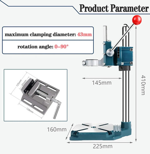 Rock Solid Drill Press Stand For Hand Drill With Vise showing dimensions and adjustable features for precision vertical drilling.