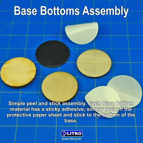 Base bottoms assembly with peel and stick adhesive for 25mm Circular Heavy Duty Magnetic Miniature Bases Set Of 50 with Peel And Stick Backing for Warhammer 40k Age Of Sigmar and Tabletop Wargames with Precision Edges For Smooth Fit and Easy Magnetic Hold.