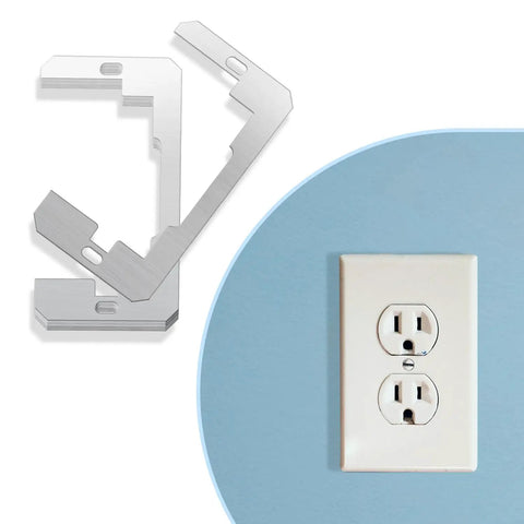 Galvanized Metal Outlet Spacers 2 Pack Flush Fit Device Leveling Plates beside a white electrical outlet on blue wall.