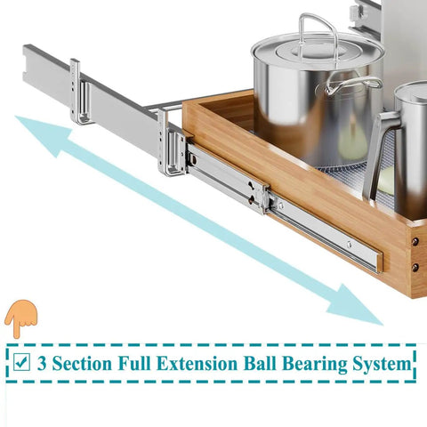 Smooth Riding One Tier Wood Pull Out Drawers For Base Cabinet Organization Kitchen Pantry Bathroom Storage With Slick Slide Runners Easy Install Pulling Tray No Sweat Upgrading System For Pots Pans And Groceries with 3-section ball bearing system.