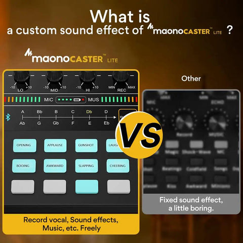 Maonocaster Lite mixer showcasing customizable sound effects versus a standard sound effect panel with less versatility.