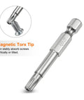 Heavy Duty T27 Security Torx Bits 1/4 Inch Hex Shank 2 Inch Long S2 Steel with magnetic tip for secure screw handling.