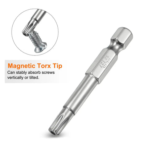 Heavy Duty T27 Security Torx Bits 1/4 Inch Hex Shank 2 Inch Long S2 Steel with magnetic tip for secure screw handling.
