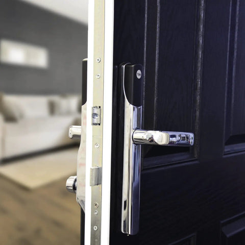 No Sweat Smart Keyless Front Door Handle With Polished Brass Finish And Smartphone App Control For Zero Stress Home Security.