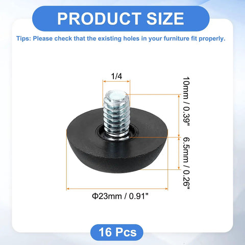 16 Pack One Quarter Inch Thread Furniture Feet Levelers With Adjustable Glide Base 23 By 6.5 mm Screw On Chair And Stool Leveling Feet For Tables And Desks Black Finish size details