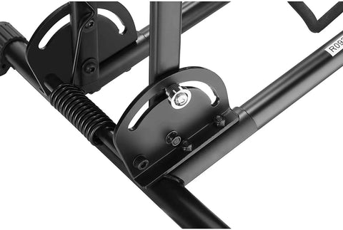 Close-up of a Foldable Bike Rack Floor Stand For Easy No Hassle Bike Storage Fits 20mm To Two Point Four Inch Wide Tires on metal frame