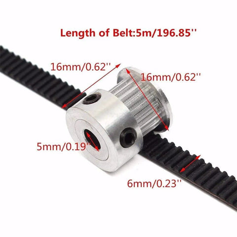 5M GT2 Timing Belt Kit For 3D Printers, 6mm Wide Belt, shown with 5mm Bore 20 Tooth Pulley close-up view