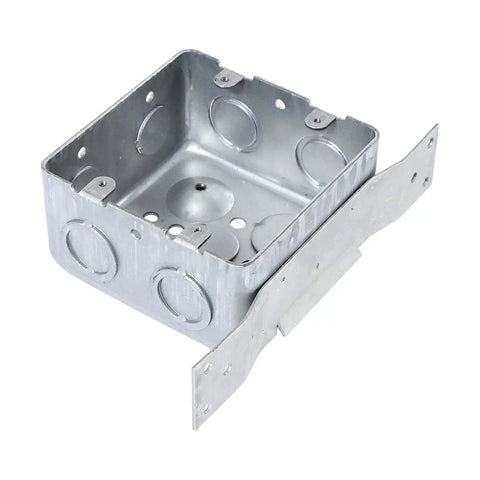 Heavy Duty Four Inch Square Electrical Box With Side Bracket For Easy Mounting Two And One Eighth Inch Deep Metal Junction Box Galvanized Built To Last With One Half Inch And Three Quarter Inch Knockouts Four Pack