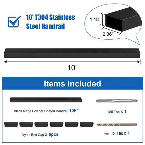 Heavy Duty 10 Foot Stainless Steel Cable Railing Handrail Built Tough For Your Deck Or Stair Project Black Rectangular Flat Top with dimensions.