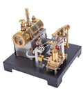 Full Metal Beam Steam Engine Kit With Horizontal Boiler, A Hands-On Desktop Powerhouse Project For Kids And Adults, 85-Piece DIY Science Set, Steam-Powered Learning Toy, Educational Gift. brass metal steam engine kit on black base, front angle