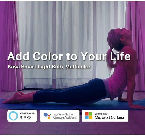 Woman doing yoga with pink lighting from Color Changing WiFi LED Bulbs A19 850 Lumens 9.5W Dimmable, showcasing vibrant colors.