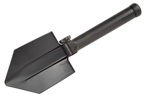 Ultra Lightweight Entrenching Tool With Pouch Lockable Four Position Folding Blade Telescopic High Impact Polymer Handle No Welds Or Rivets For Extra Beefed Up Durability Multifunction Camp And Survival Gear shovel folded.