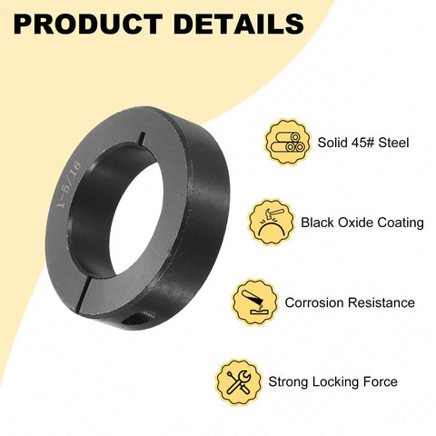 Beefy Heavy Duty Split Shaft Collar Set, Four Pack, 1-5/16 In Bore, 2-1/8 In OD, 9/16 In Thick, One-Piece Clamping Collar With Set Screw, Black Oxide Steel, Built Tough For DIY Projects. black oxide 45# steel split shaft collar